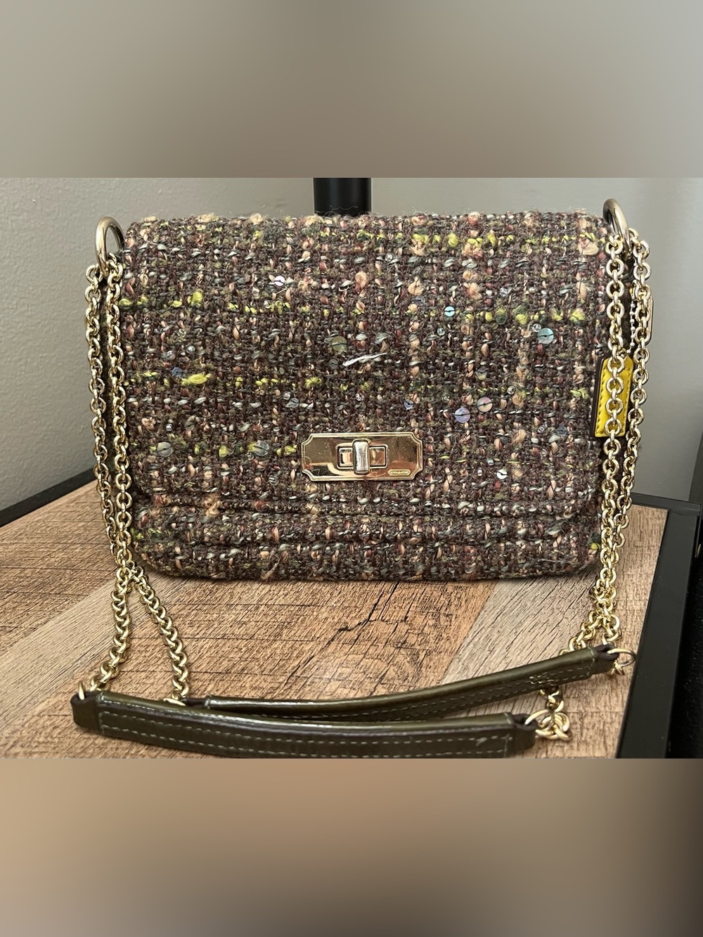 Coach Tweed Chain Shoulder/Crossbody Bag in Olive-Multicolor